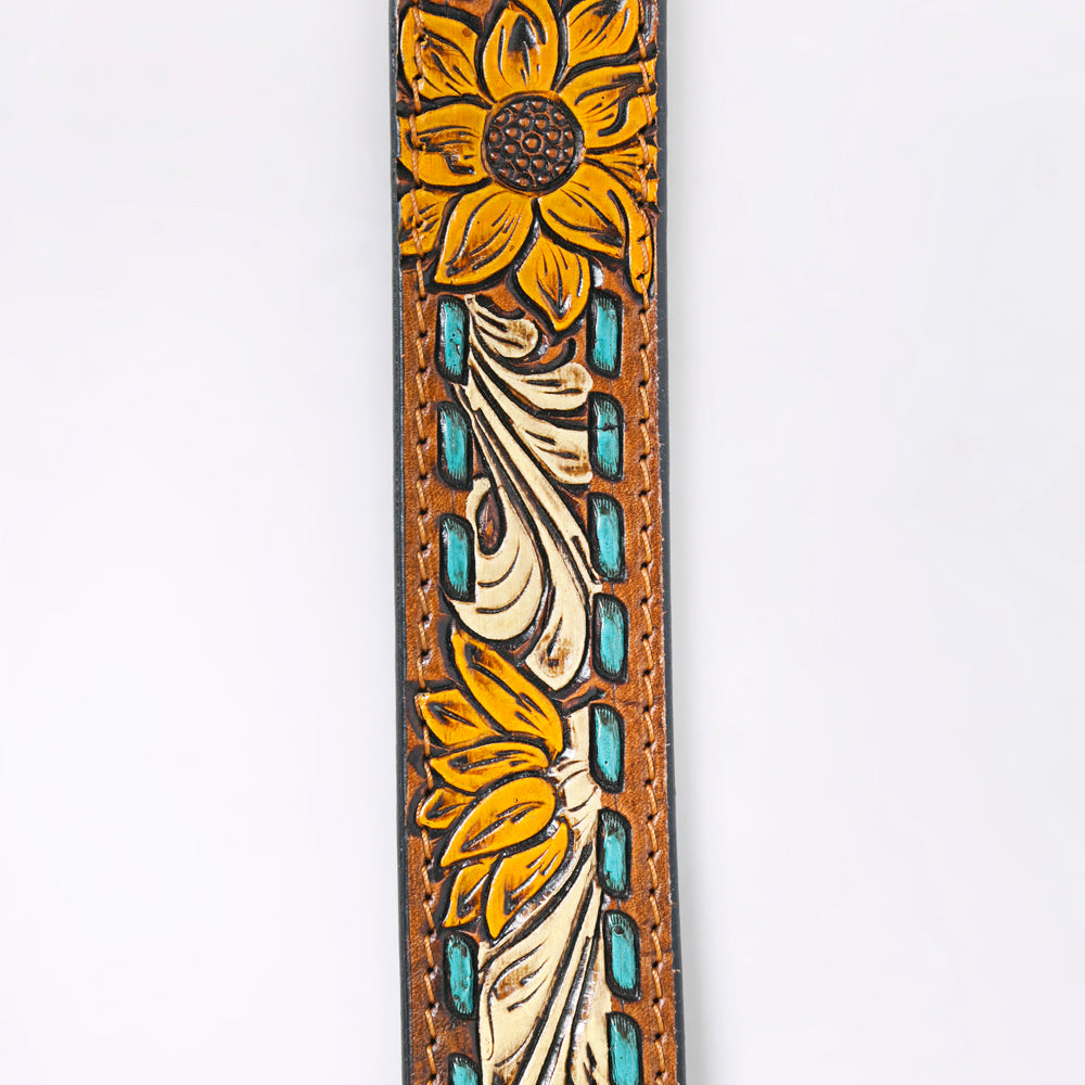 LC-ADBLF204 Sunflower Tooled Leather Belt with Teal Whipstitch and Silver Buckle