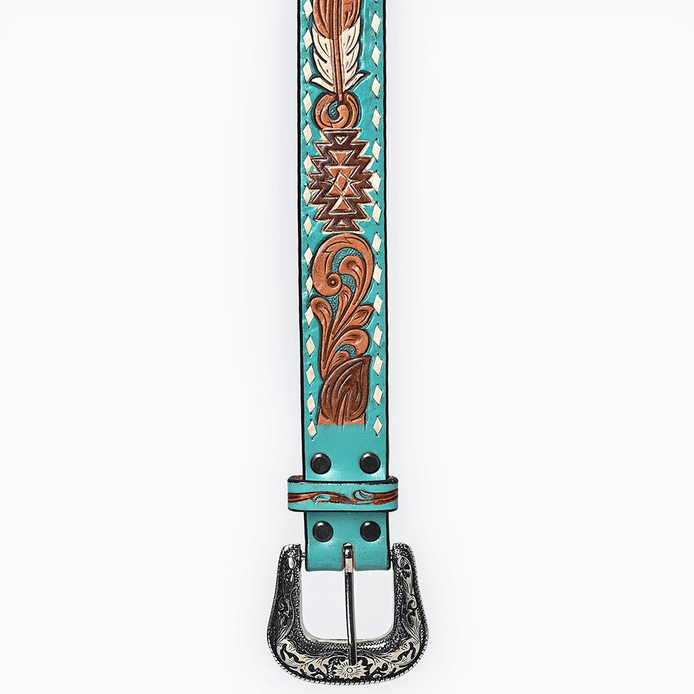 ADBLF212 Turquoise Tooled Leather Western Belt with Tribal & Scroll Pattern