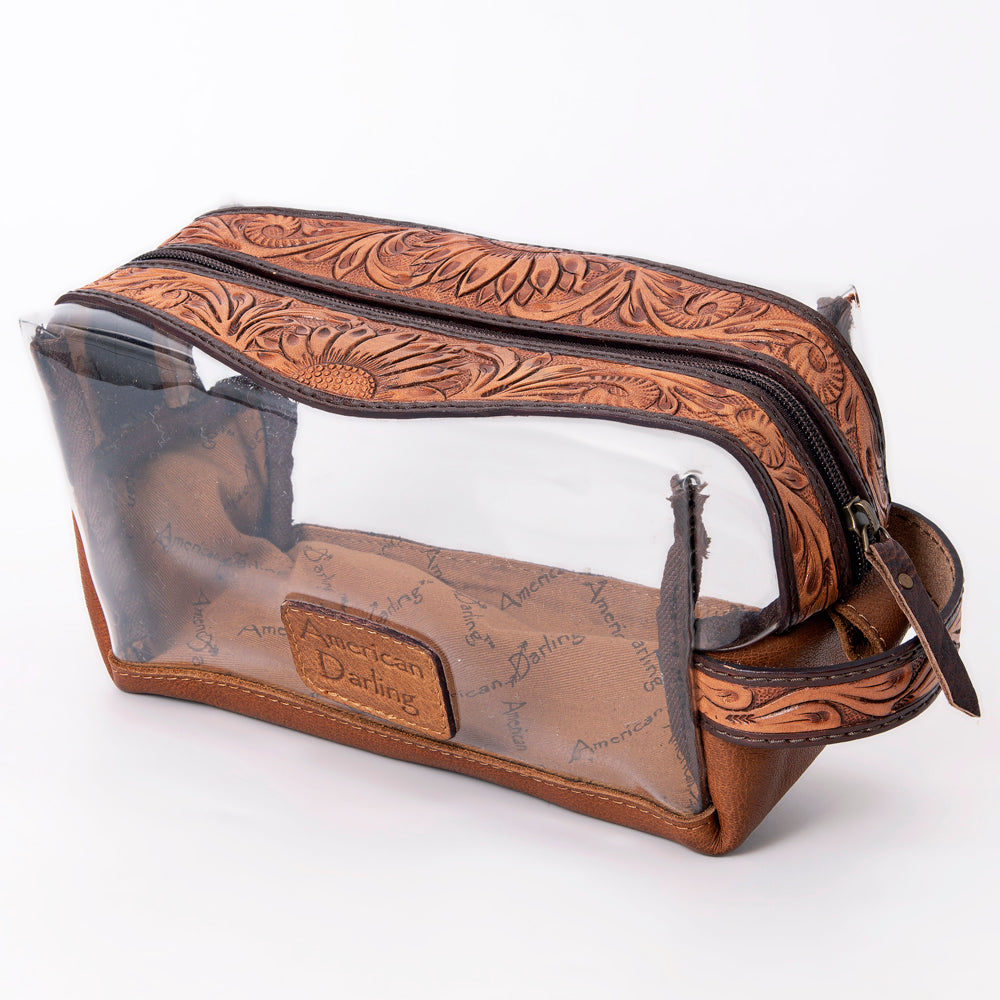 ADBG994 American Darling Hand Tooled Floral Leather Toiletry Clear Bag with Artisan Carving