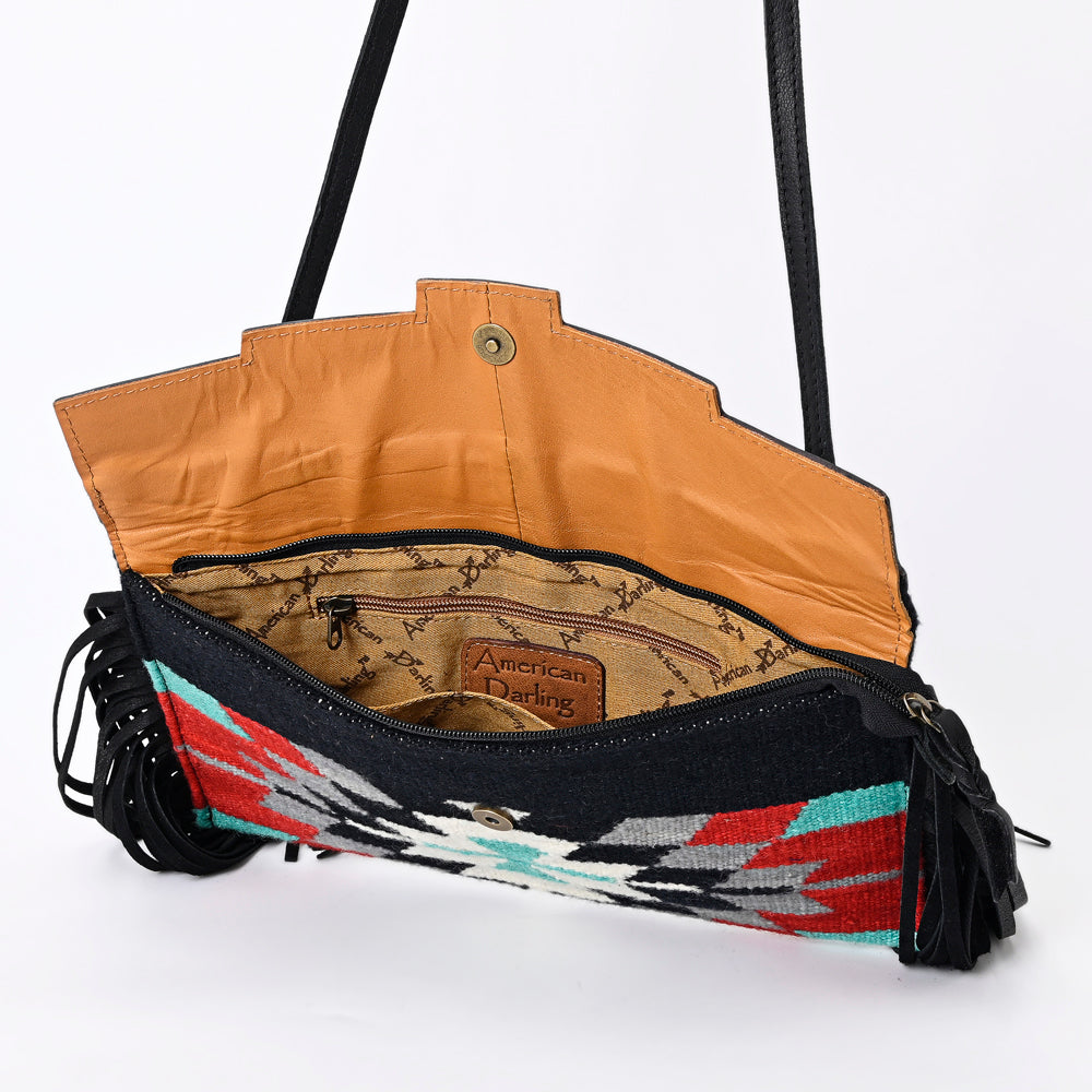 ADBG1128 American Darling Tooled Leather & Saddle Blanket Crossbody -Western Fringe Purse