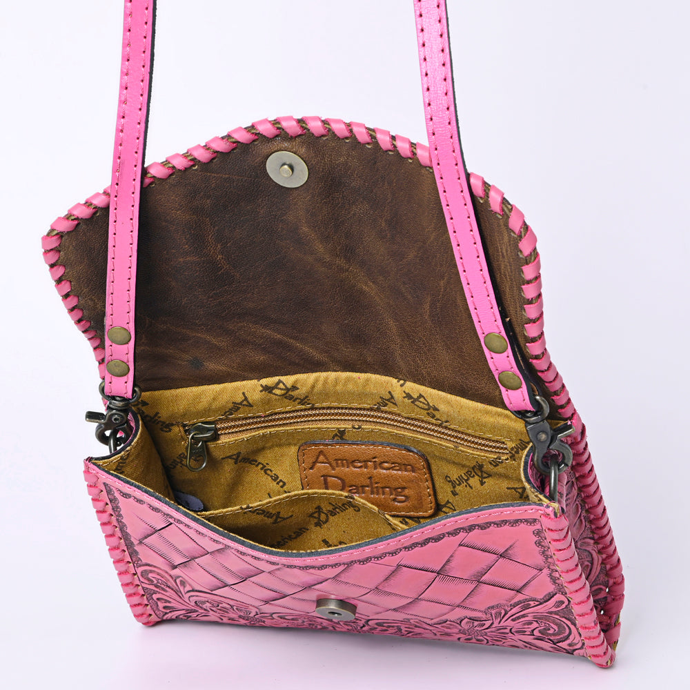 ADBG1133 American Darling Pink Hand Tooled Floral Leather Crossbody Wallet Bag