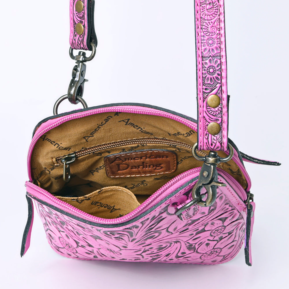ADBG1136 American Darling Pink Hand Tooled Floral Leather Crossbody Bag Western Purse