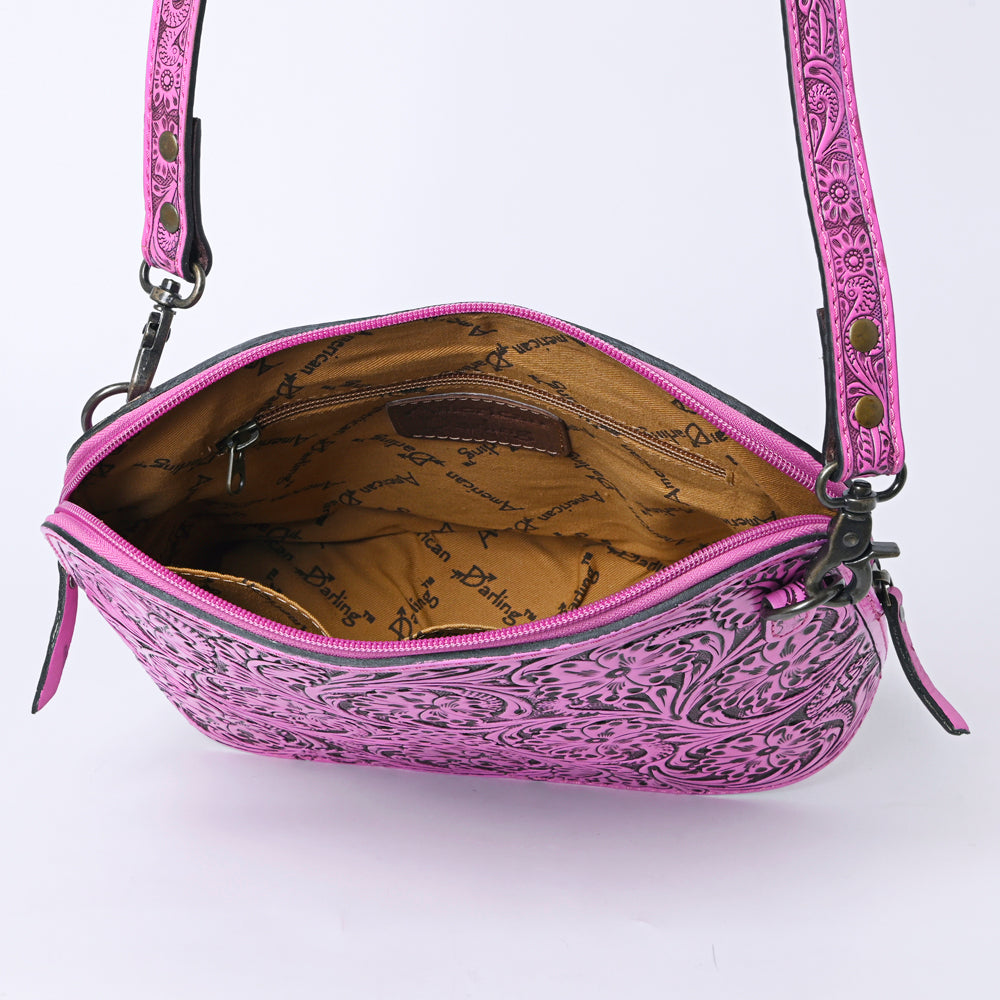 ADBG1138 American Darling Pink Hand Tooled Floral Leather Crossbody Bag Western Purse With Adjustable Strap