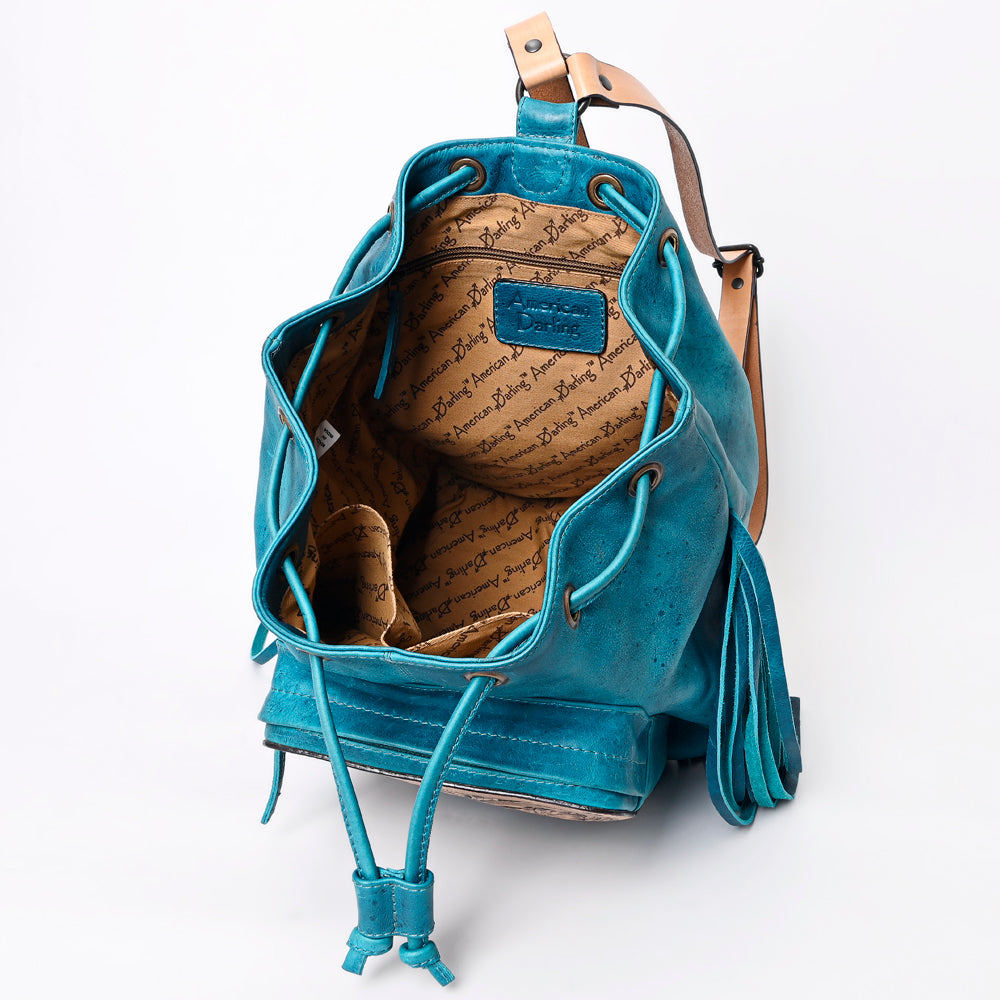 LC-ADBGZ741 Teal Hand Tooled Leather Fringe Backpack - Western Cowgirl Drawstring Bag