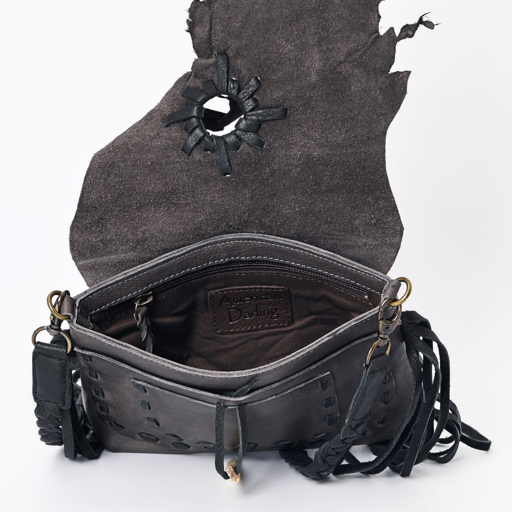 ADBGM255 Leather Western Crossbody Bag - Fringe Purse with Horn Toggle & Braided Strap