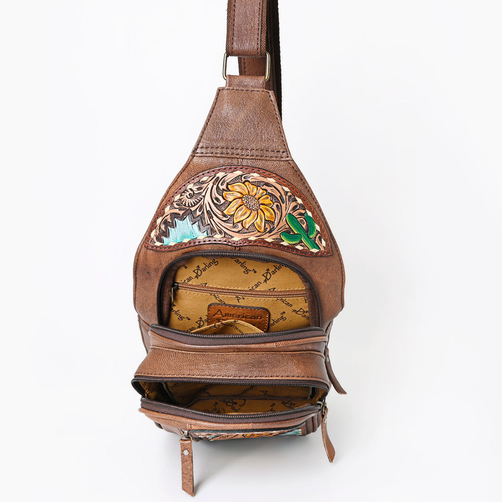 ADBG1153 American Darling Tooled Leather Sling Bag -Floral Carved Western Backpack