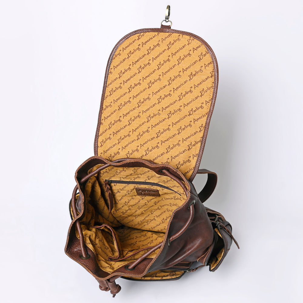 LC-ADBGM344 Tooled Leather Western Backpack with Hand-Painted Desert Cactus Flap - Genuine Brown Leather