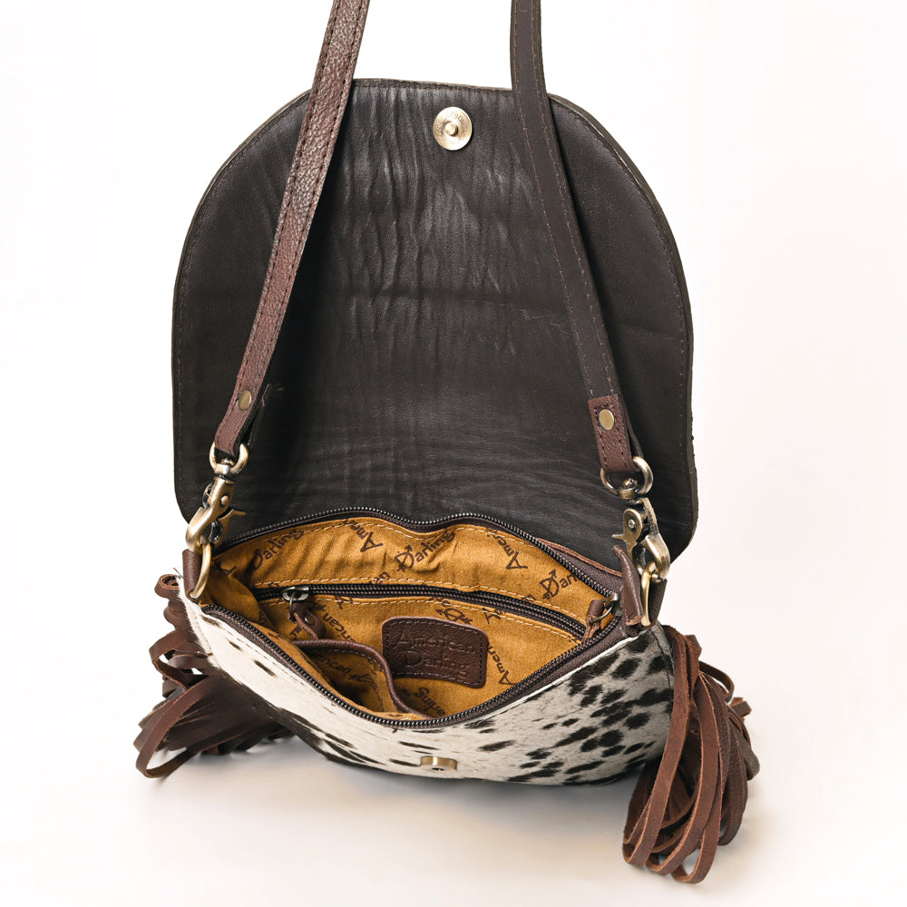 ADBGA353 Tooled Leather & Cowhide Crossbody Bag with Fringe Western Saddle Flap Purse
