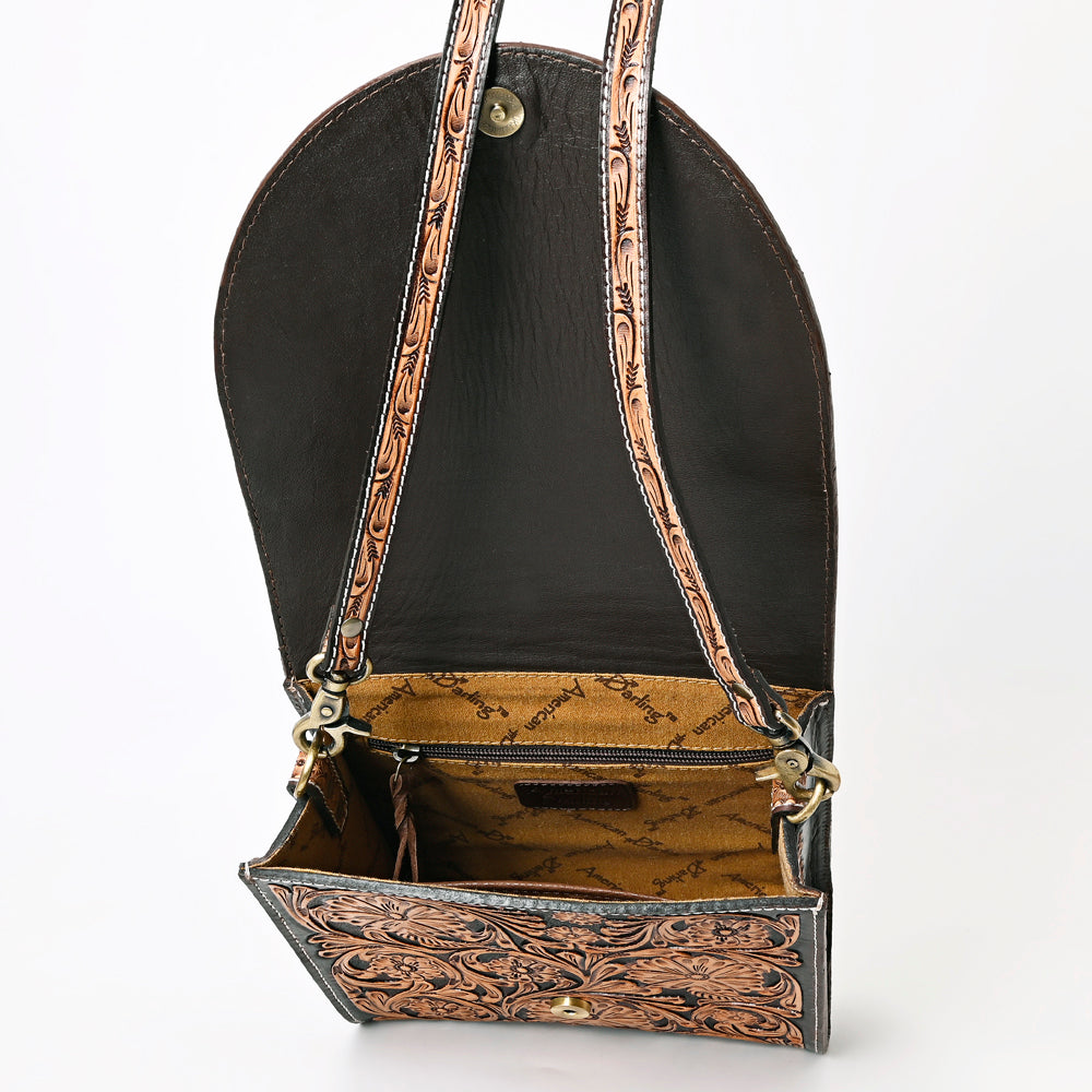 ADBGA356 Hand-Tooled Full Leather Western Crossbody Bag Floral Pattern & Buckle Strap