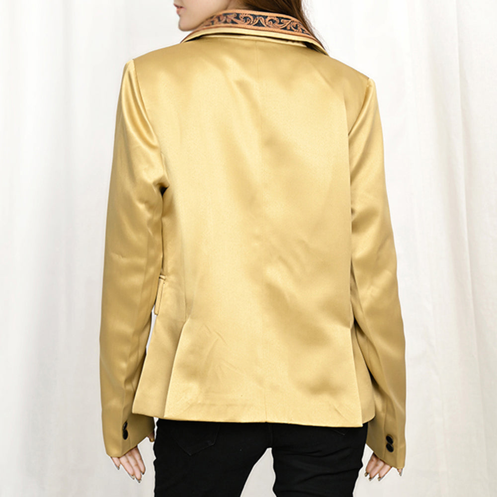 LC-ADBZ022 Gold Satin Western Blazer with Hand-Tooled Leather Lapels - Cowgirl Luxe Jacket