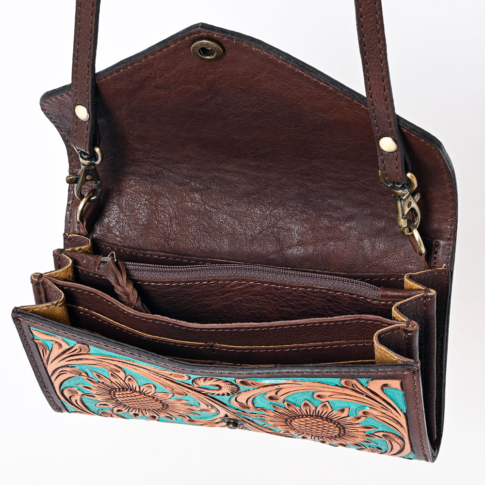 ADBGA378 Turquoise Hand-Tooled Leather Crossbody Wallet Bag Genuine Western Style