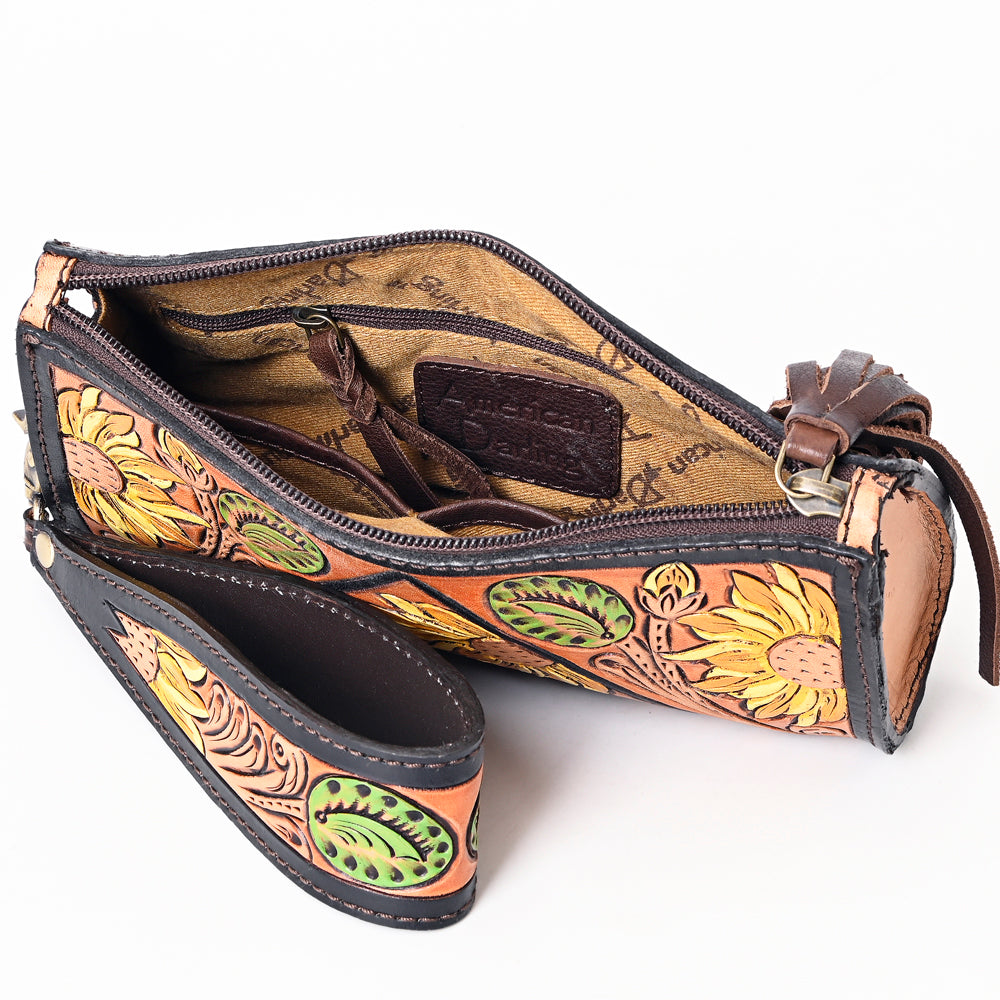 ADBGA387 American Darling Hand Tooled Floral Carved Genuine Leather Fringe Wristlet Bag