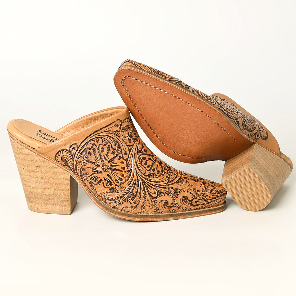 LC-ADFT163 Women's Hand-Tooled Leather Mule Heels - American Darling Western Block Mules