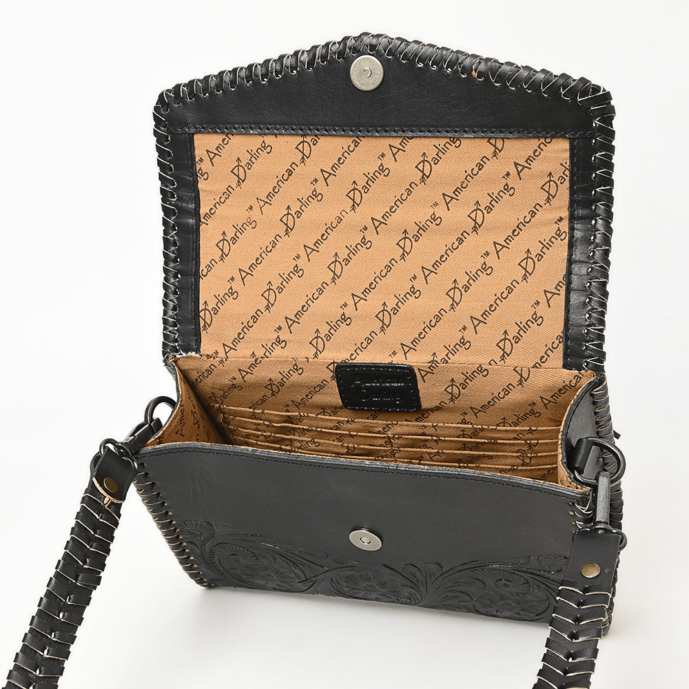 ADBGZ752B Black Hand Tooled Leather Crossbody Bag - Western Floral Whipstitch Purse