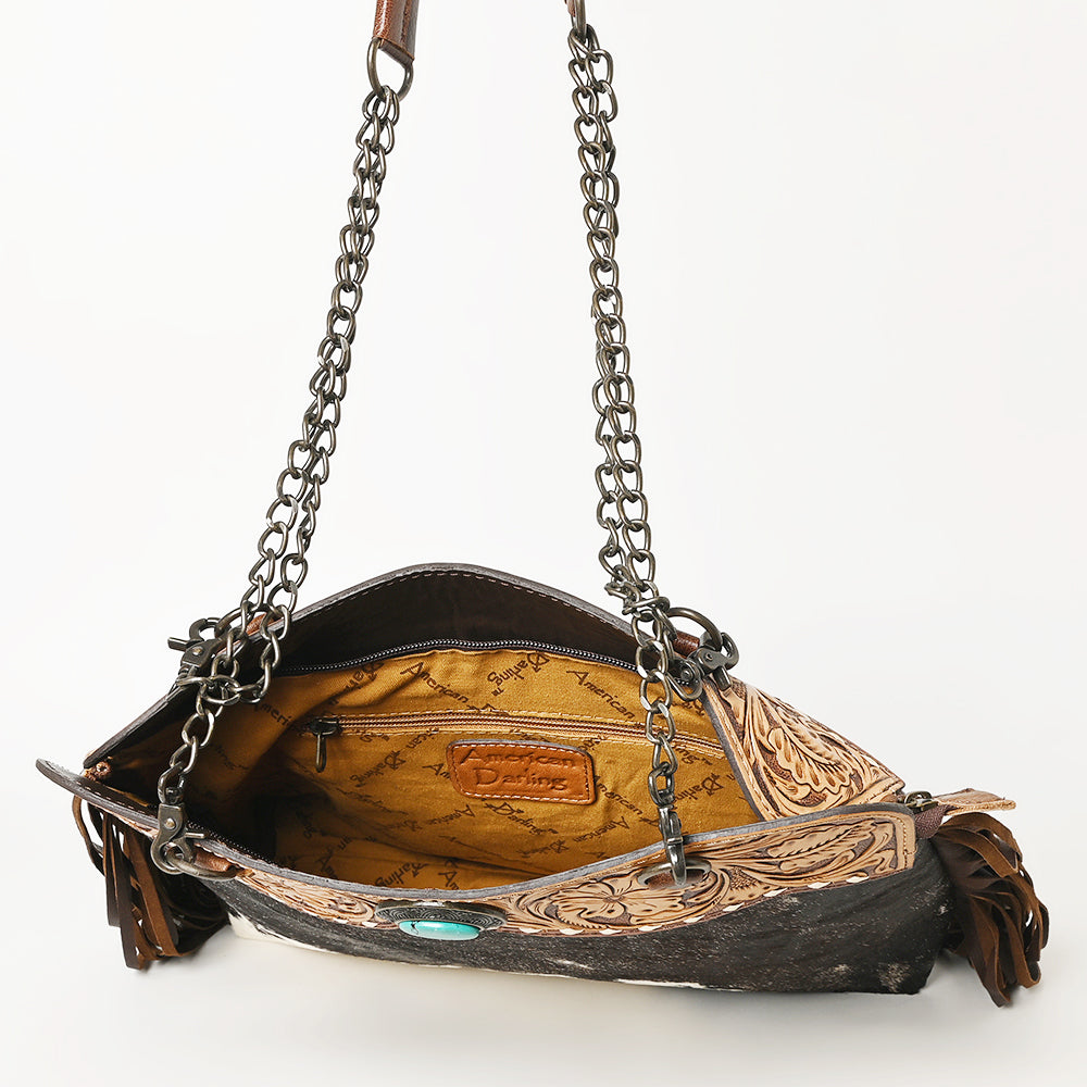 ADBG1187 American Darling Cowhide Fringe Large Crossbody -Tooled Leather & Chain Bag
