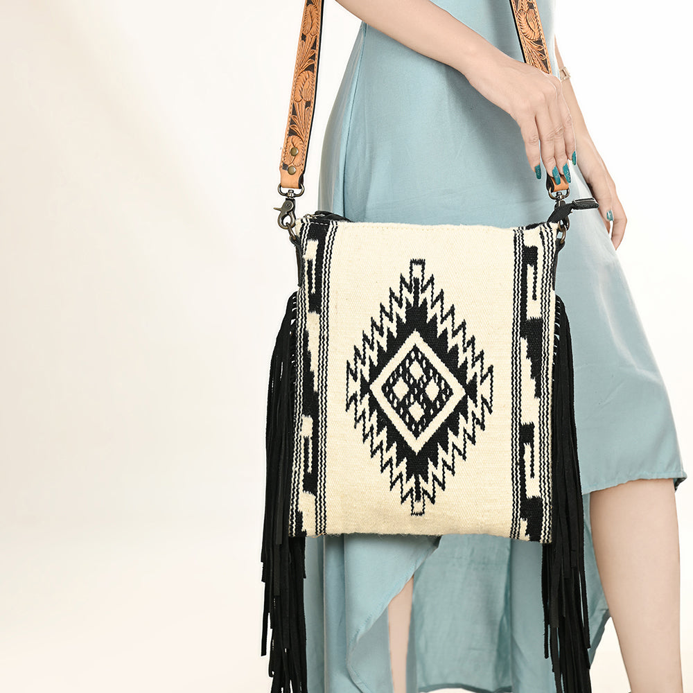 ADBG298 Shelby Western Crossbody Bag Handwoven Saddle Blanket & Genuine Leather Fringe