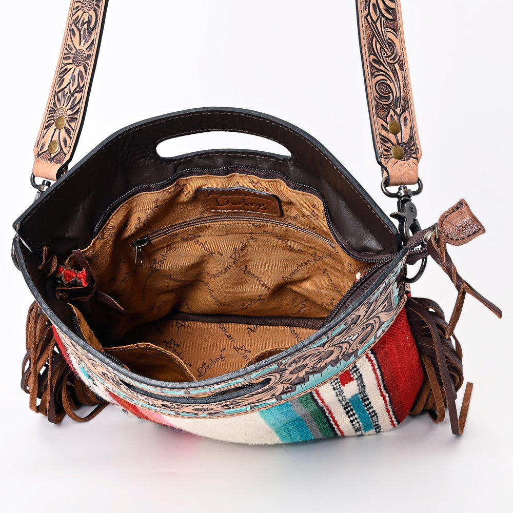 ADBGS146 Serape Wool & Turquoise Tooled Leather Crossbody - Fiesta Fringe Edition