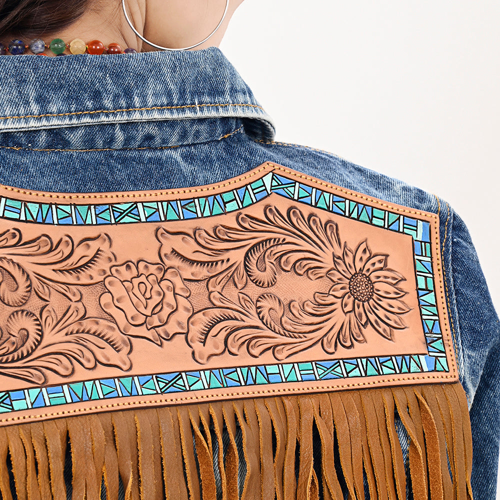 LC-ADJKT019 Turquoise Accented Tooled Leather Denim Jacket with Fringe