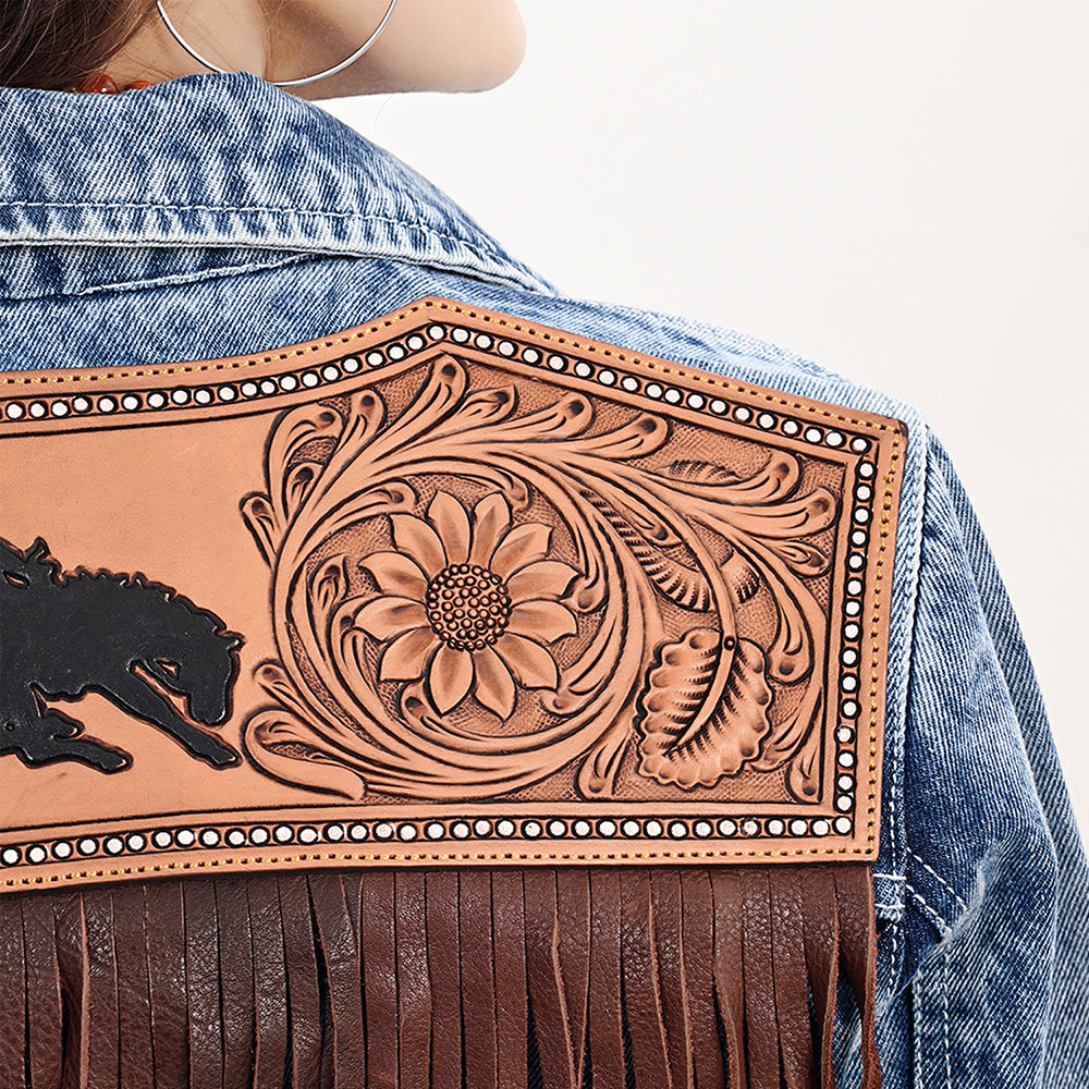 LC-ADJKT022 Bronc Rider Tooled Leather Denim Jacket - Fringe Western Style