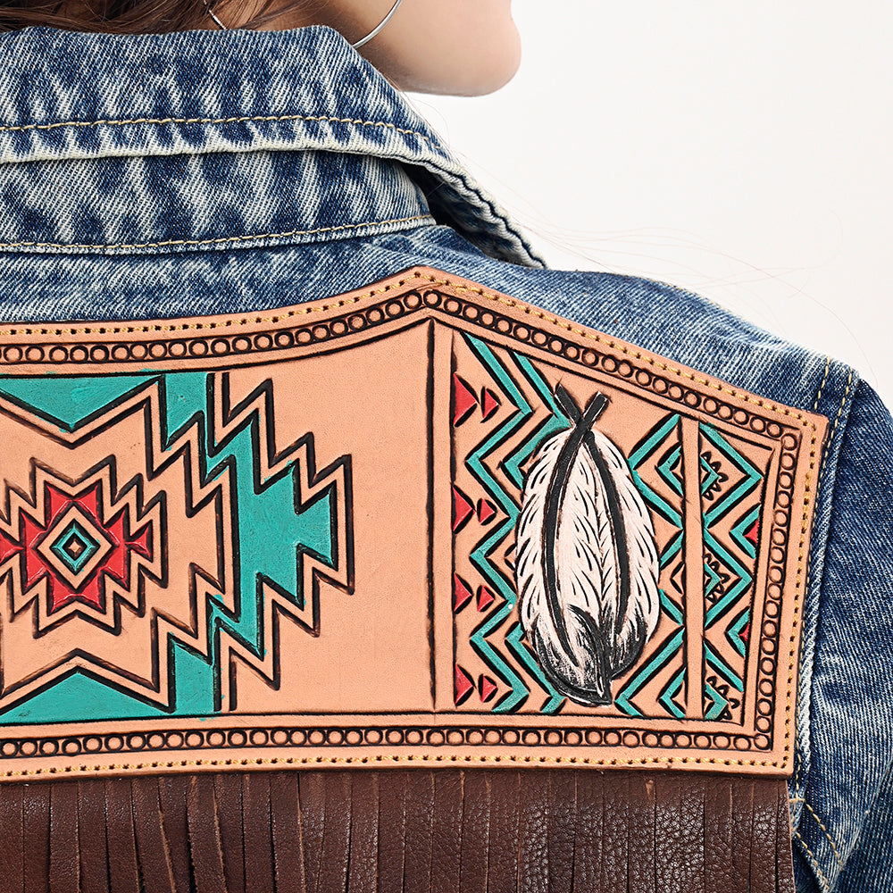 LC-ADJKT027 Women's Western Denim Jacket with Hand-Tooled Leather Yoke & Fringe