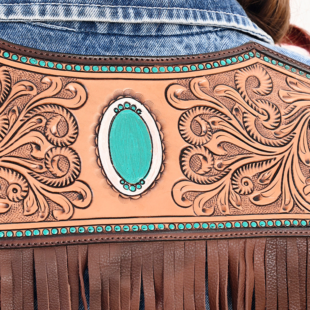 LC-ADJKT026 Turquoise Oval Tooled Leather Fringe Denim Jacket - Cowgirl Edition