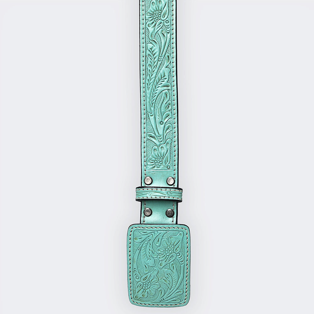 ADBLF214 Aqua Turquoise Hand-Tooled Leather Belt with Floral Design