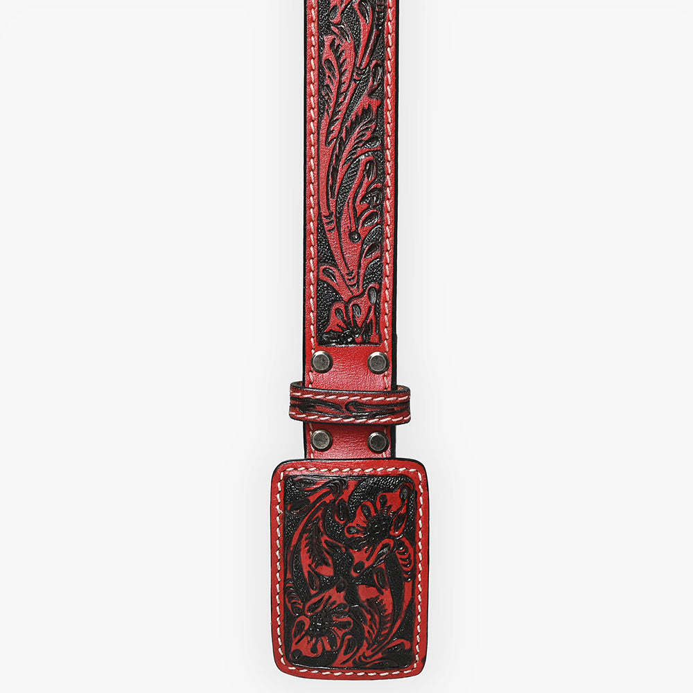 ADBLF216 Red & Black Hand-Tooled Leather Belt with Matching Floral Buckle