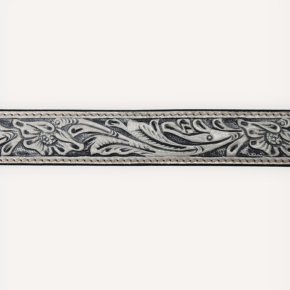 ADBLF217 Silver & Black Hand-Tooled Leather Belt with Matching Floral Buckle