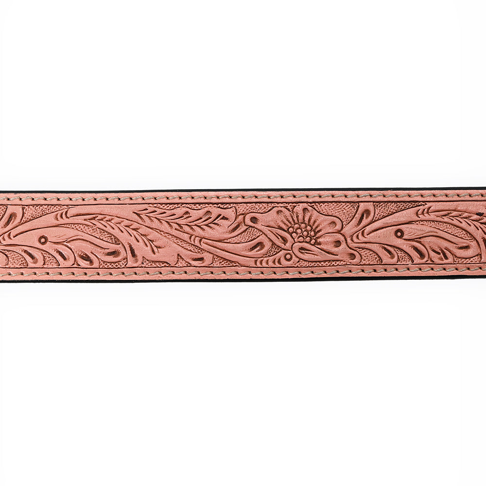 ADBLF218 Light Pink Hand-Tooled Leather Belt with Matching Floral Buckle