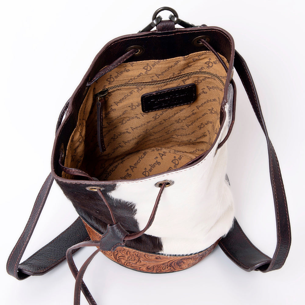 LC-ADBGZ743 Hair-On Cowhide & Tooled Leather Backpack - Western Drawstring Cowgirl Bag