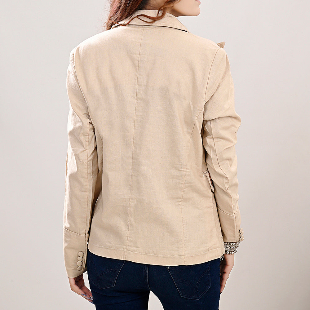 ADBZ038 Women's Peach Denim Jacket Featuring Floral Carved Harness Leather