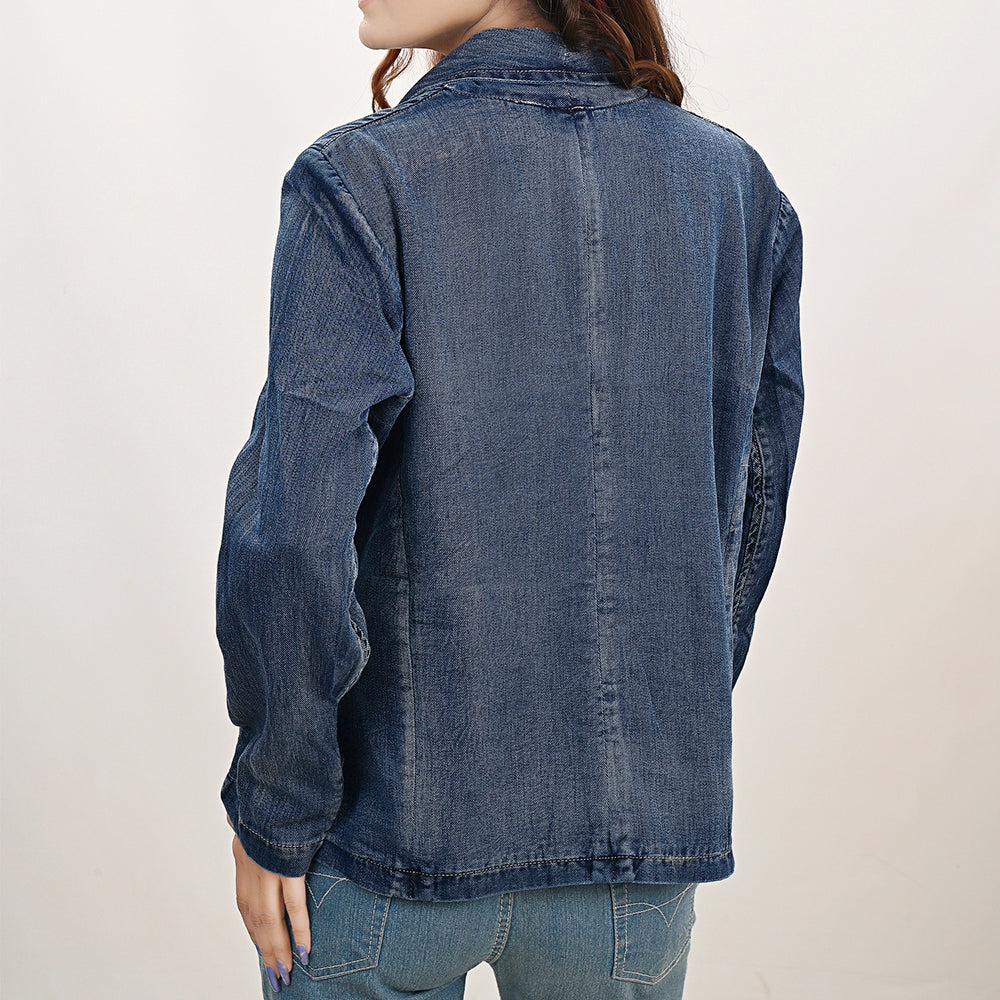 ADBZ040 Genuine leather Hand tooled Women 100% Cotton Denim Blazer dress jacket