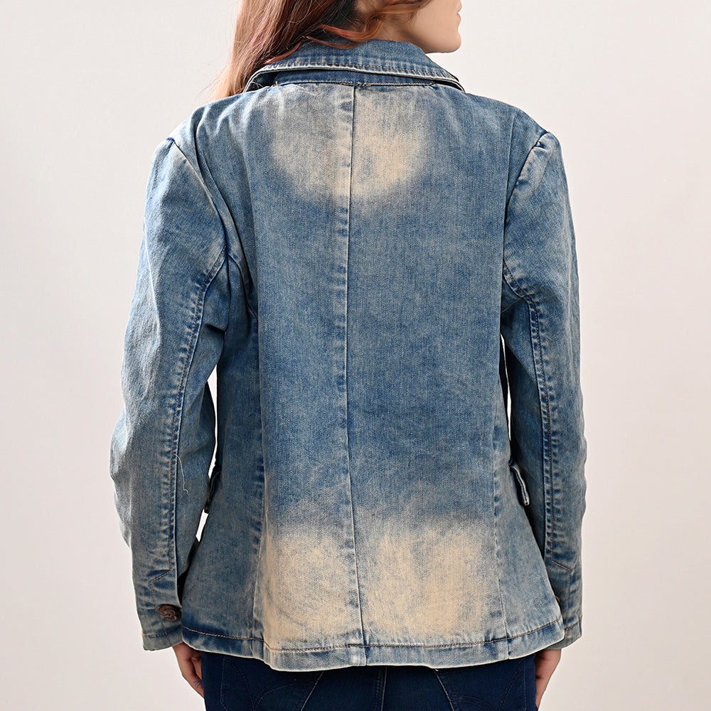 ADBZ041 Genuine leather Hand tooled Women 100% Cotton Denim Blazer dress jacket