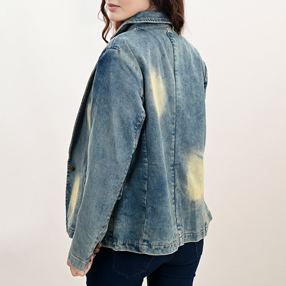 ADBZ042 Genuine leather Hand tooled Women 100% Cotton Denim Blazer dress jacket