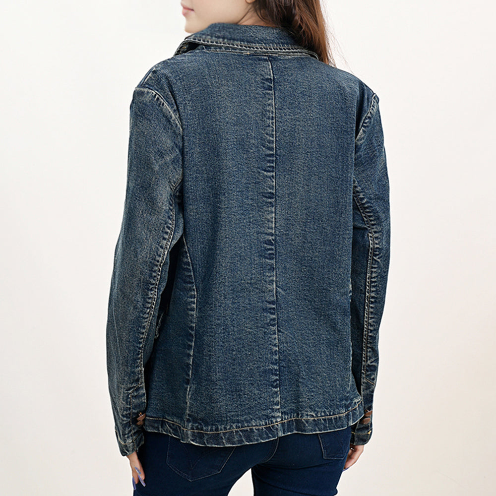 ADBZ043 Genuine leather Hand tooled Women 100% Cotton Denim Blazer dress jacket