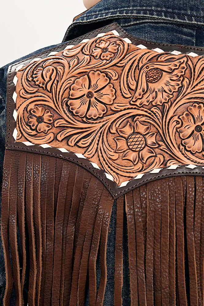 ADBZ044 Premium Denim Jacket Featuring Floral Carved Harness Leather Lapels