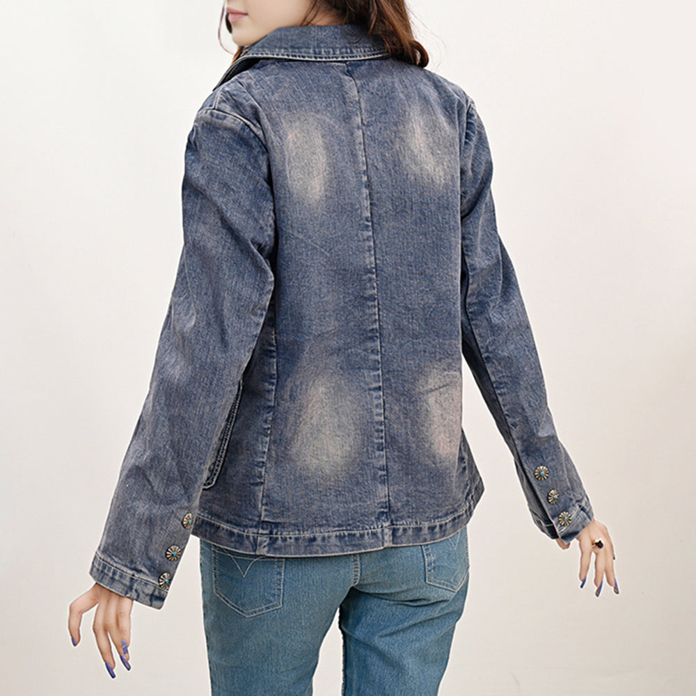 LC-ADBZ045 Genuine leather Hand tooled Women 100% Cotton Denim Blazer dress jacket