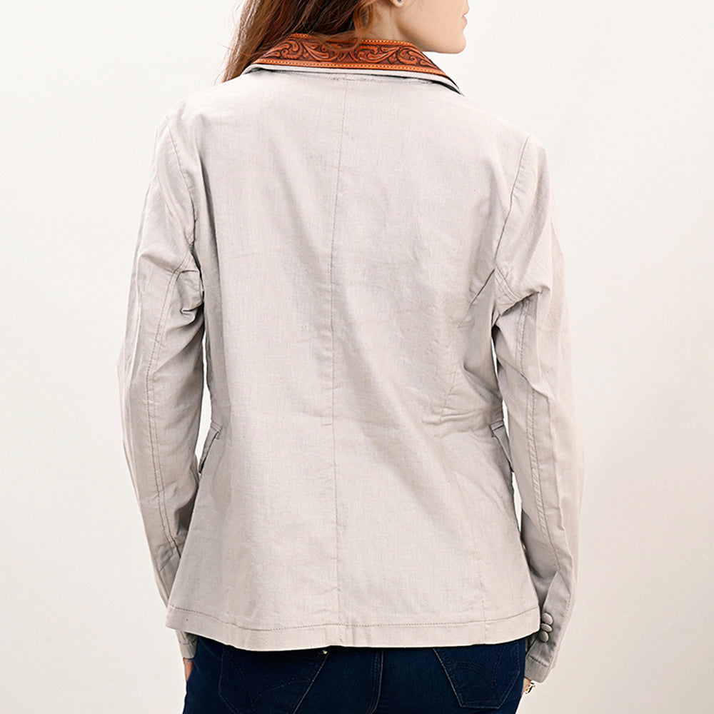 ADBZ047 Genuine leather Hand tooled Women 100% Cotton Denim Blazer dress jacket