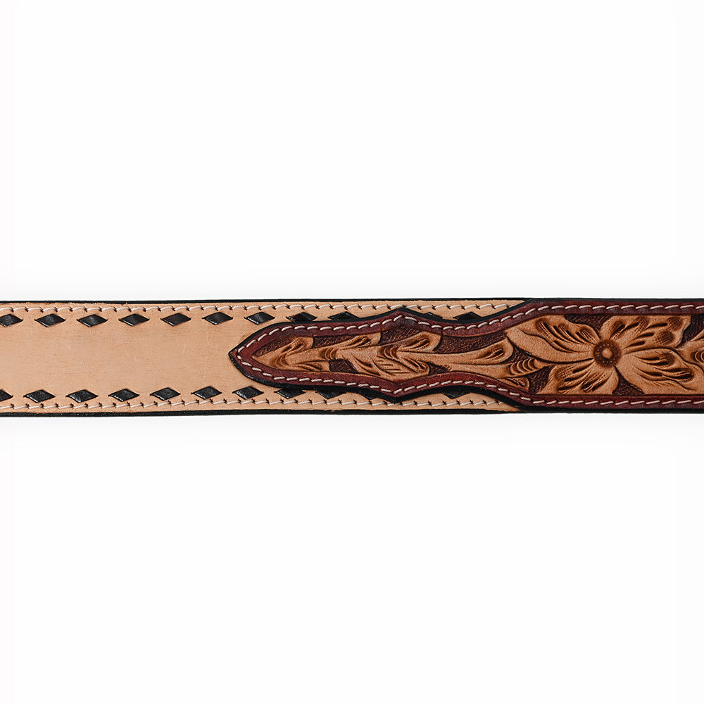 ADBLF223 Natural Tooled Leather Western Belt with Diamond Cutouts and Silver Buckle