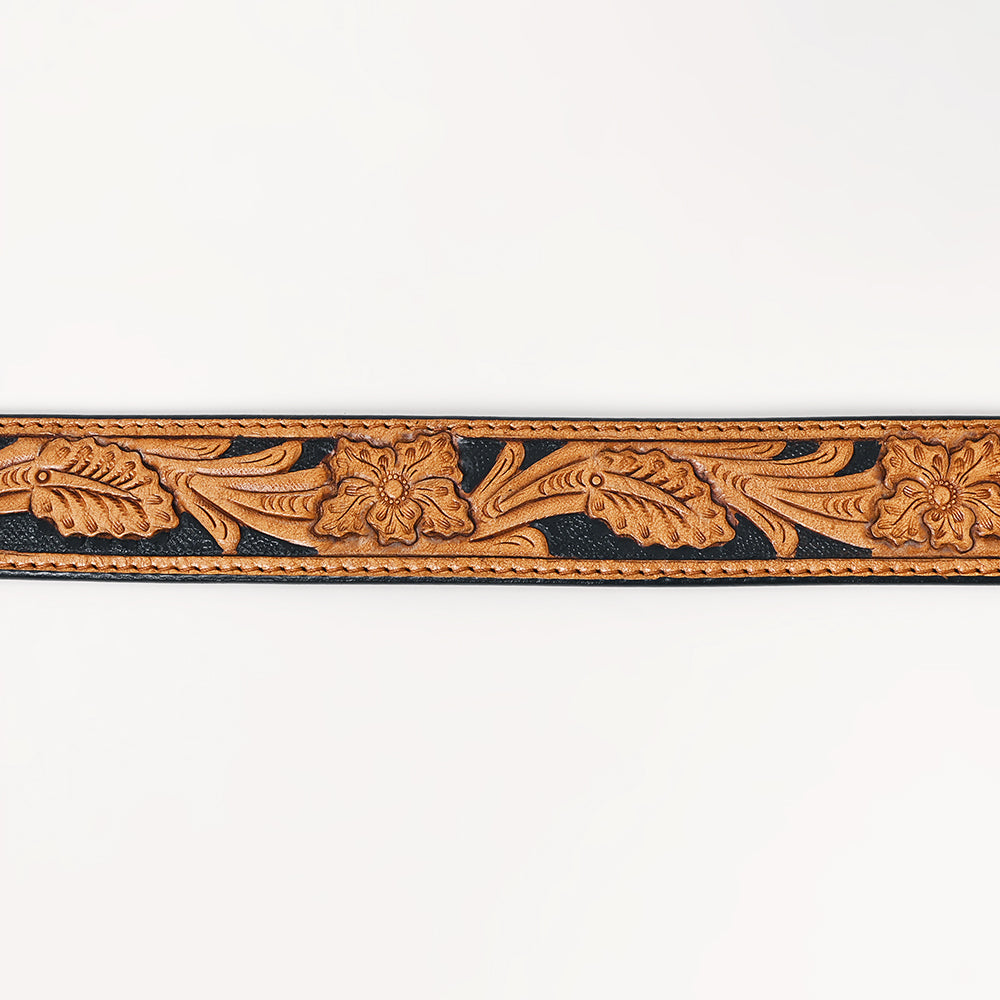 ADBLF225 Black & Tan Hand Tooled Leather Western Belt with Silver Buckle