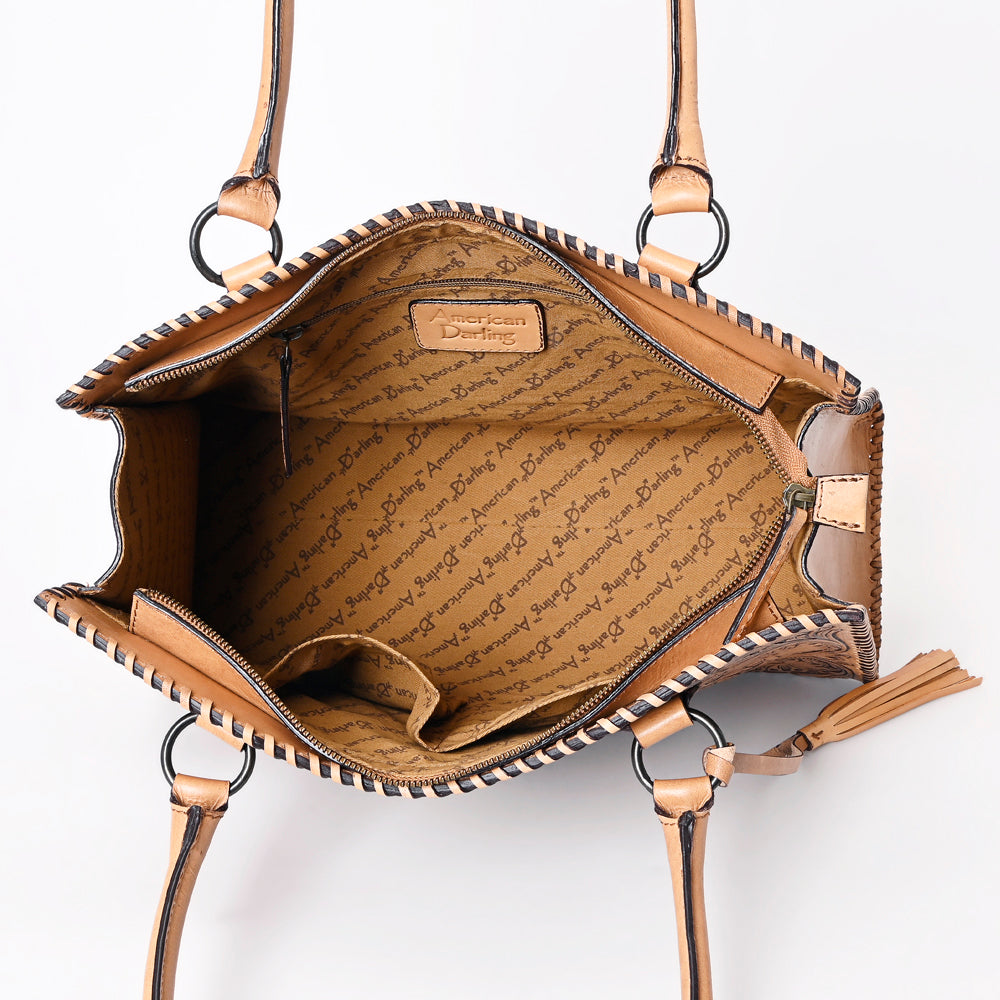 ADBGZ768 Natural Tooled Leather Tote Bag with Tassel - Western Floral Handbag