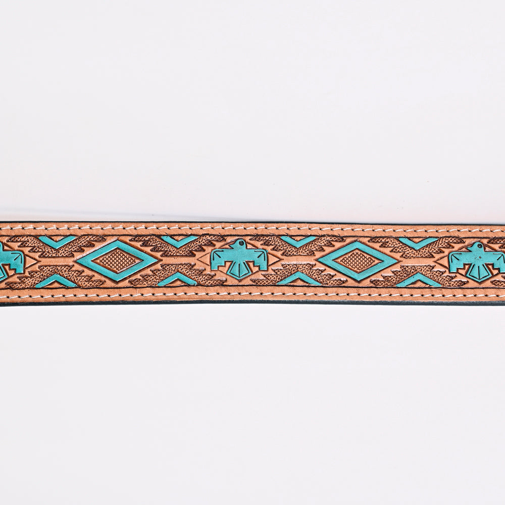 ADBLF173 Western Handtooled Leather Belt - Turquoise Thunderbird & Tribal Geometric Design