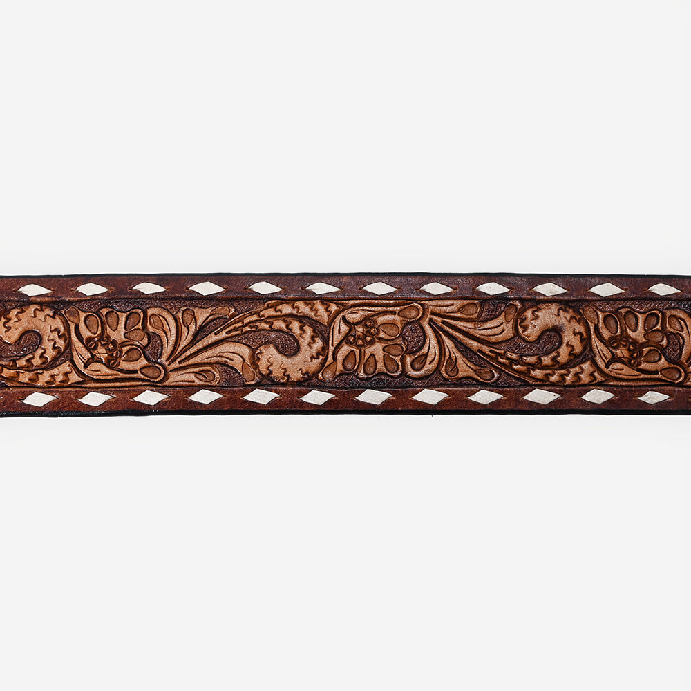 ADBLF175 Classic Western Handtooled Leather Belt - Floral Pattern with Matching Buckle