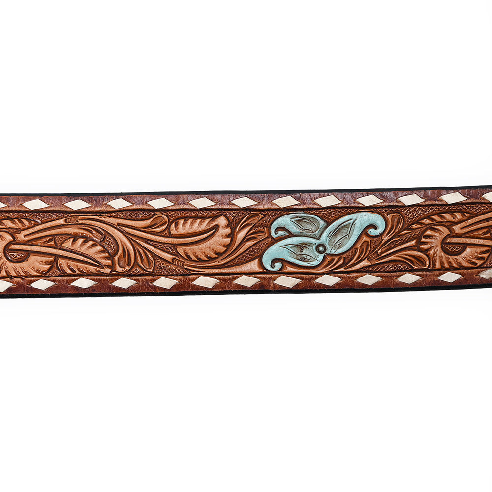 ADBLF177 Handtooled Western Leather Belt - Turquoise Accents & Floral Buckle