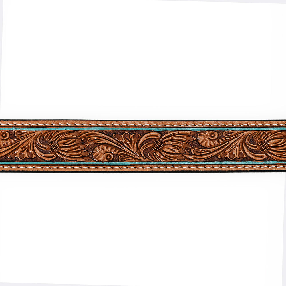 ADBLF179 Handtooled Western Leather Belt - Turquoise-Edge Floral Scroll with Matching Buckle