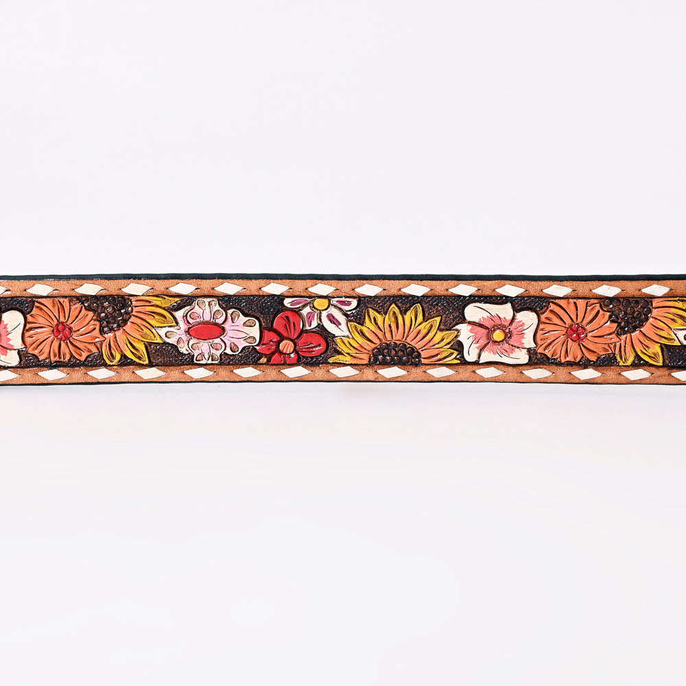 LC-ADBLF183 Colorful Handtooled Western Leather Belt - Wildflower Garden with Matching Buckle