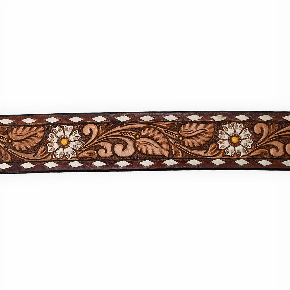 ADBLF184 Handtooled Western Leather Belt - White Daisy Floral Design with Matching Buckle
