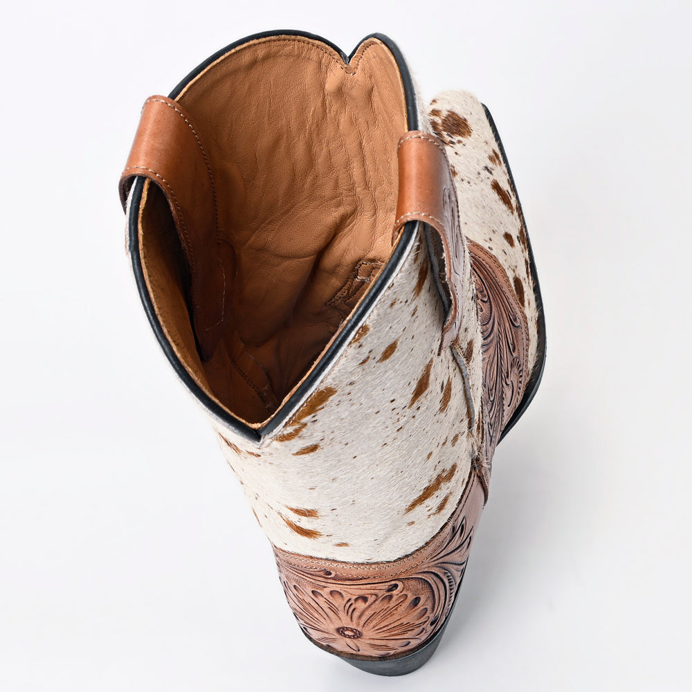 ADFT166A Hand Tooled Hair On Genuine Western Leather Long Boot