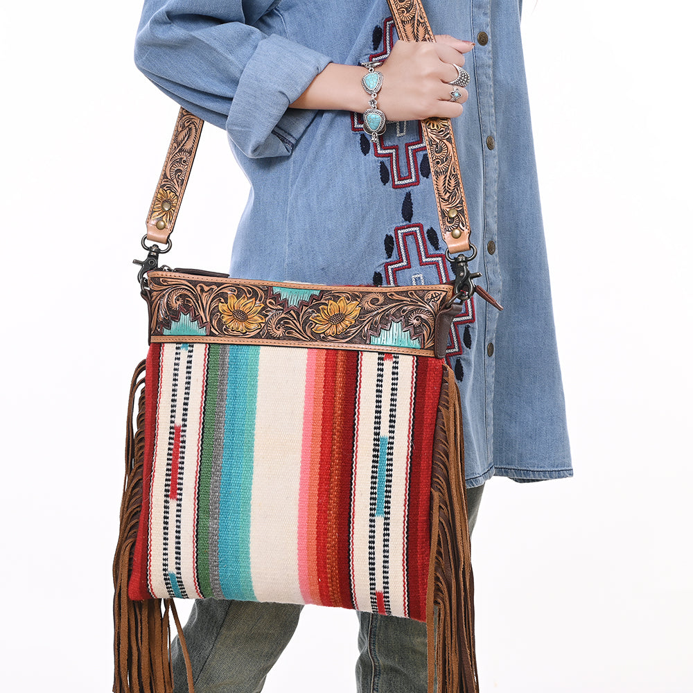ADBG298 Western Crossbody Bag Handwoven Saddle Blanket & Genuine Leather Fringe