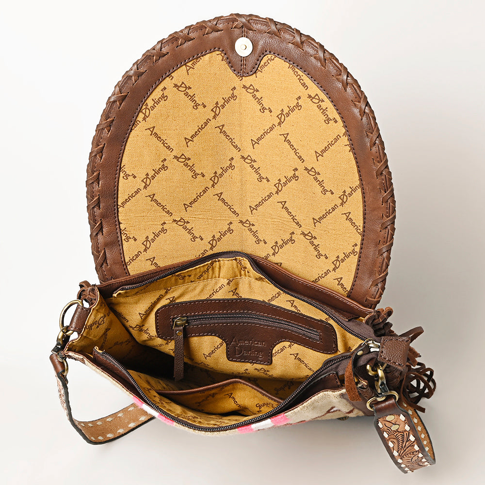 ADBGA414 American Darling Studded Brown Leather Fringed Southwestern Crossbody Bag